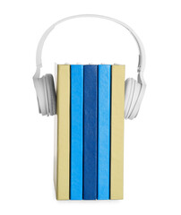Fototapeta na wymiar Books and modern headphones on white background. Concept of audiobook