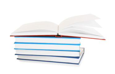 Stack of books on white background