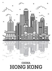Outline Hong Kong China City Skyline with Modern Buildings and Reflections Isolated on White.