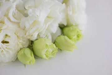 Flower frame, eustoma of a white and delicate color on a light background.