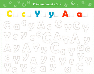 Worksheet for children. Color and count the letters. Development of attention to soldering, thinking, fine motor skills