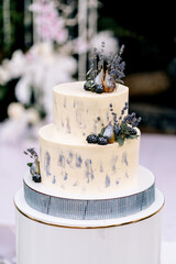 wedding cake lavender two floors with lavender figs and blackberries decorated with rhinestones on the background of wedding decor