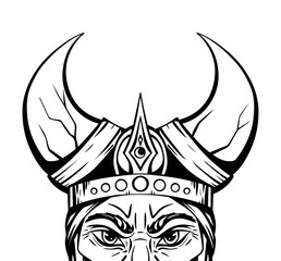 Vector sketch portrait of an ancient viking in a horned helmet. The head of a barbarian warrior. Angry eyes. Ink element for tattoo. Hand-drawn illustration for postcards.