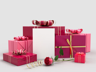 Happy Valentines Day.Be my Valentine. Celebration party with gift box decorations and greeting card mockup template. 3d Rendering