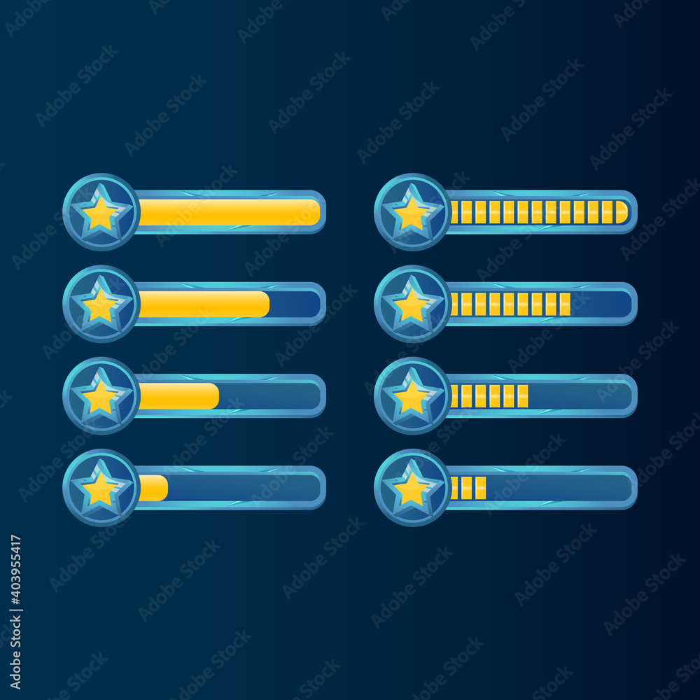 Poster set of fantasy blue glossy gui golden star progress bar for game ui asset elements vector illustrati