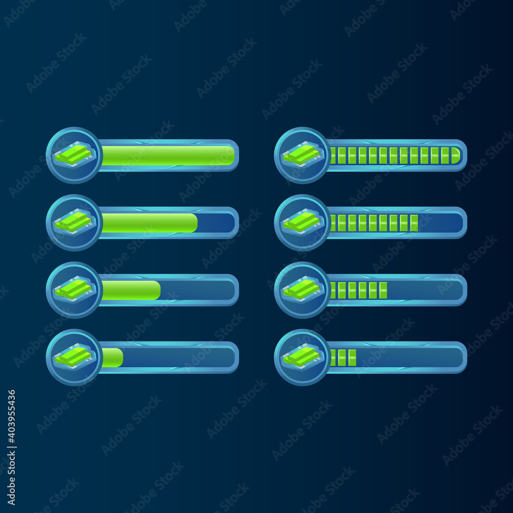 Poster set of fantasy blue glossy gui bucks money progress bar for game ui asset elements vector illustrati
