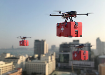 Fototapeta Drones are transporting first aid into the city. obraz
