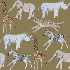 African animals watercolor seamless pattern.