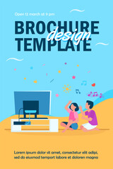 Happy people sitting on floor and listening music channel