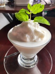 Glass of Coconut Cream in Milk with Sprig of Mint
