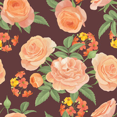 Seamless pattern of yellow roses with bud and leaves on dark background. Vector set of blooming flower for adornment for wedding invitations, holiday, greeting card and textile fashion design.