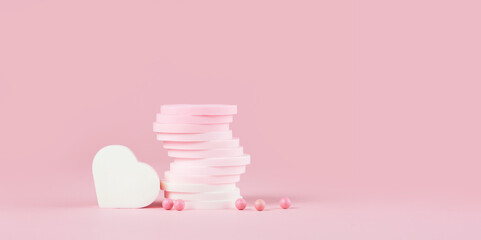 Tender candy pink monochrome feminine makeup tools and accessories. Blush powder and foundation applicator stack of sponges. Birthday beauty cosmetics blogger advert background concept. Copy space