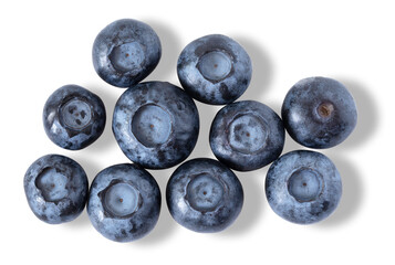 Top view of a group of fresh blueberries isolated on white background. Closeup and macro.