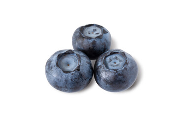 Three fresh blueberries formed a triangle pattern isolated on white background. Closeup and macro.