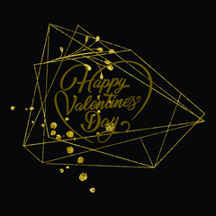 Vector Happy Valentine's Day greeting card with sparkling glitter gold textured hearts on red background
