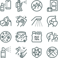 Covid-19 prevention icon illustration vector set. Contains such icons as Coronavirus, Clean, Anti-bacteria, sanitizer products, wash your hands, wear a mask, and more. Expanded Stroke
