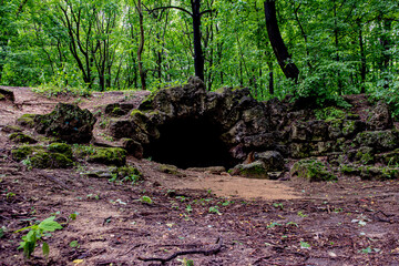 stone brick vintage bridge in the park on a summer day in the grass