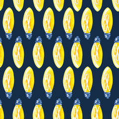 painted watercolor hand-drown illustration set vintage modern energy saving glass lamps yellow green blue isolated on dark blue background.