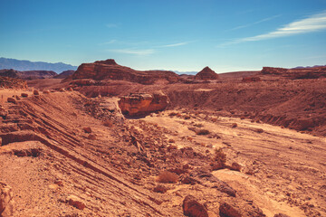 View of the desert. View of the valley with mountains on the backdrop. Timna Park, Eilat, Israel