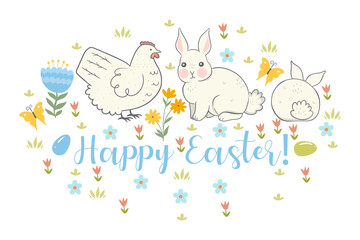 Easter card with cute rabbits and chicken. Vector graphics.