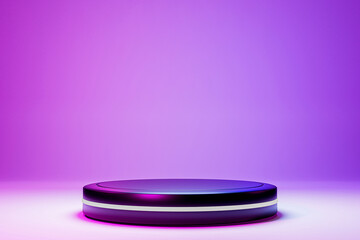Blank black podium in dark studio with red and purple LED light , showcase for product, 3d rendering