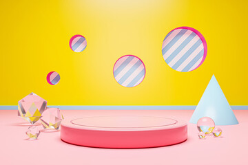 Blank pink podium in yellow studio, showcase for product, 3d rendering