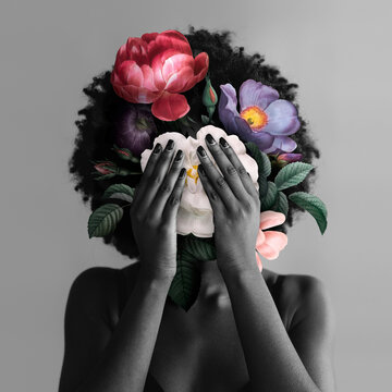 African American woman with flowers BLM movement social media post