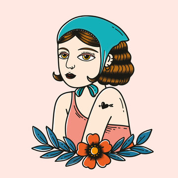 Beautiful retro pin up girl tattoo illustration with pastel background