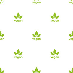 Seamless ornament with green vegan, veggie product label on white background.