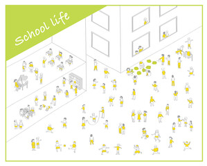 学校生活／シンプルな線画手描きイラスト／校舎と運動場の風景／元気な子供達／黄色✖️グレー