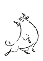 Happy chinese new year 2021, Year of the ox. Hand drawn Doodle Calligraphy brush Ox.