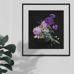 Home decoration purple roses in a frame mockup