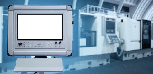 Controller with display in the background of machine tools in a smart factory