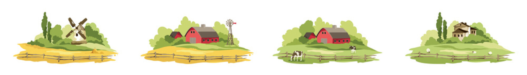 Set of village landscapes. Vector illustration, fields and meadows with cows, lambs, mill and farm houses.  © imagination13