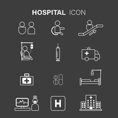 Set of hospital related vector white line icons on black background. Vector line icons isolated on a black background. Contains such Icons as emergency, patient, disabled, hypodermic syringe and more.