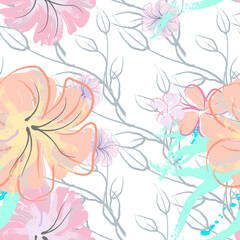 Pink Flowers Blooming Pattern. Pastel Watercolor.