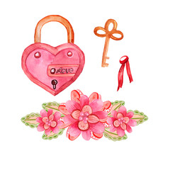 A set of watercolor illustrations of a pink lock, a golden key and a bouquet of flowers and leaves for the design of wedding invitations, festive decor, Valentine's Day cards. hand-drawn, isolated