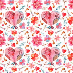 Watercolor seamless pattern with cute birds, flowers, musical notes, spring, summer cute details.For paper design,cards for valentine's day, spring holidays,hand-drawn in watercolor, white background