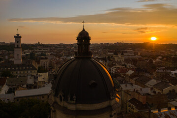 Fototapeta premium Aerial view on Dominican Church in Lviv, Ukraine from drone