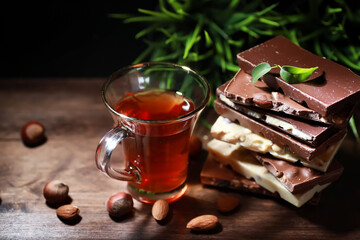 A bar of milk chocolate. Homemade milk chocolate with almonds and dried strawberries. Pieces of milk chocolate. Set of milk chocolate with tea.