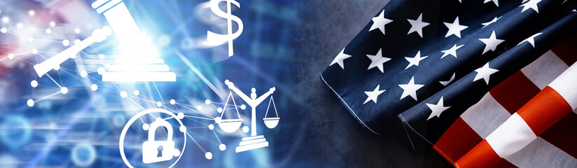 Flapping flag USA with wave. American flag for Memorial Day or 4th of July. Closeup of American flag dark background