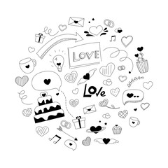 Love doodle elements set in circle - cake, hearts, lettering, messages, flowers, wedding icons, valentine card with hand drawn black icons on white background