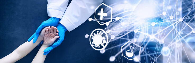 Medical concept. The doctor in gloves holds the patient's hand. The moral help of the doctor to his...