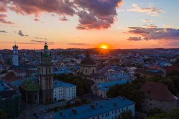 Obraz premium Aerial view on Dominican Church and Dormition Church in Lviv, Ukraine from drone