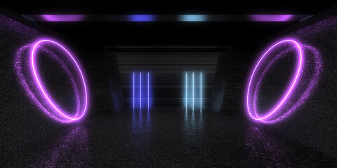 3D abstract background with neon lights. neon tunnel .space construction . 3d illustration