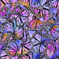 Beautiful watercolor butterflies on galaxy background.