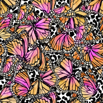 Beautiful watercolor butterflies on animal print background.