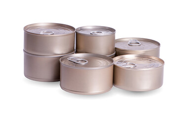 Close-up various metal and white tin can on white background.