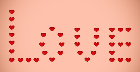 Pattern of hearts in the form of the word love on a gold background