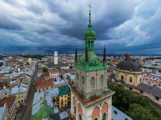 Aerial view on Dominican Church and Dormition Church in Lviv, Ukraine from drone